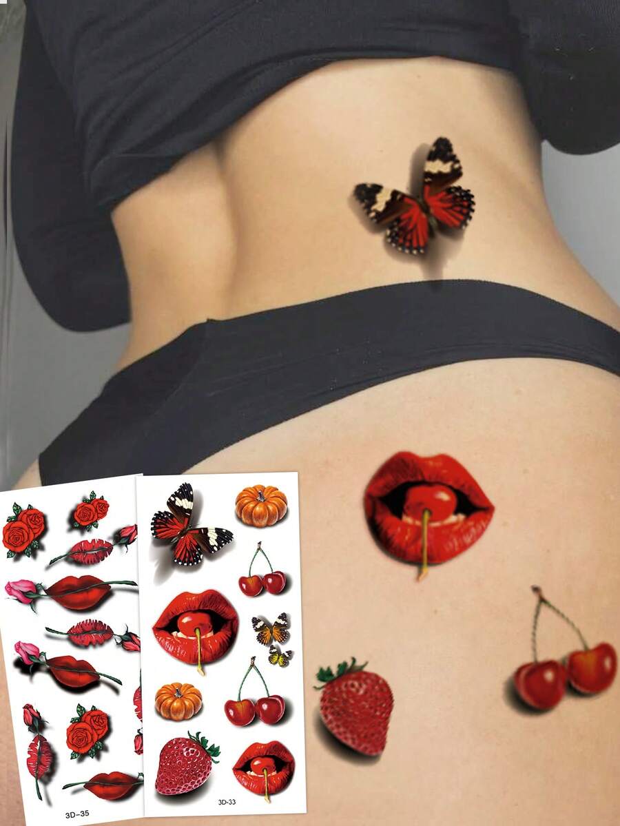 ورقتان من الوشم المؤقت، طباعة شفاه حمراء جذابة 3D ، فيونكة، كرز، قرع، وردة، مقاومة للماء، تدوم من 2 إلى 5 أيام، قادرة على تغطية الندوب، مناسبة للذراعين والرسغ والكتفين والساقين والخصر والرقبة والأيدي والصدر والفخذين والجسم