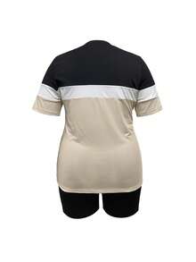2pcs/Set Women's Summer Sports Set, Fashionable Color Blocking Round Neck Short Sleeve T-Shirt And Drawstring Shorts - Multicolor - View 4