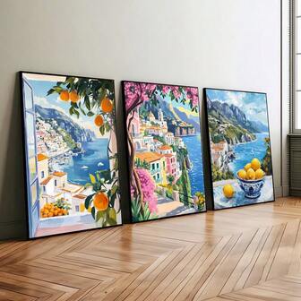 Set med 3 orammade sommarposters, Italien, Amalfikusten, resor, väggkonst, kanvastryck, minimalistisk, abstrakt medelhavslandskap, vintagemålning för lägenhet, vardagsrum, sovrum, modern heminredning, estetisk inredning