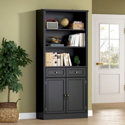 Bookcase With Doors And Drawers, Adjustable Shelves, P2 MDF Construction, Freestanding Cabinet With Metal Handles, Hidden Storage For Living Room, Bedroom