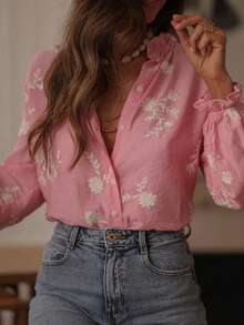 Bestselling Vintage Embroidered Ruffle Hem Women Blouse, Flower, Leaf Print, Button Embroidered Decoration, Casual Wear Pink Spring - Pink - View 3