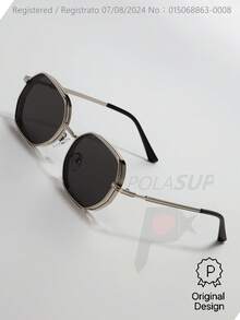 015068863-0009-SX2358 1pc Men Metallic Geometric Polygon Fashion Glasses, Fashion Street-Style Eyewear, Suitable For Indoor/Outdoor Wear, All Season, Thick Frame With Ventilating Holes Design, Comes With PU Glasses Case Or Paper Box (Random) - Bạc - Xem 2