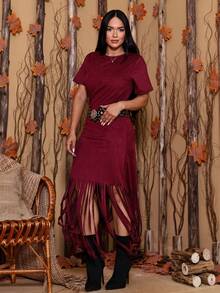 PLAIN SUEDE DRESS WITH FRINGE COUNTRY RODEO - Màu Đỏ Sâu - Xem 6