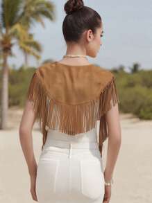 Women's Suede Tassel Vest 70s Hippie Outfit Sleeveless Open Front Vest Western Collar