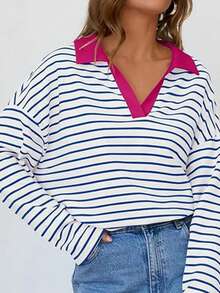Women Striped Patchwork Pullover Soft Fashionable Oversized Long Sleeve Top, Elegant Loose Casual Striped Y2K Shirt, Classic Comfortable Crewneck Sweater, Striped Color Block Daily Wear