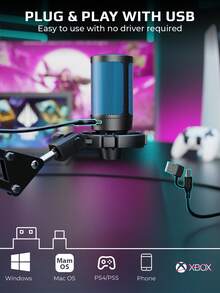 FIFINE A2T USB游戏麦克风套装，USB RGB麦克风套装，带悬臂支架和静音按钮，适用于PC、笔记本电脑、游戏，电容麦克风，可用于视频会议、唱歌、现场录音、播客、直播等。 - 黑色 - 查看 7