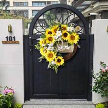 1pc Sunflower Wreath With Welcome Sign, Spring/Summer Entrance Wreath, Suitable For Indoor/Outdoor Wall, Window, Farmhouse Home Decor