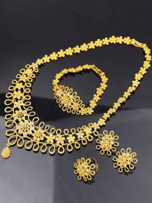 4 Peças Conjunto de Joias de Luxo em Estilo Boêmio Vintage com Gota d'Água, Brincos, Anéis, Colares e Pulseiras, Joias Tradicionais de Noiva de Dubai para Noivado, Decoração de Casamento, Presente Perfeito para o Dia dos Namorados