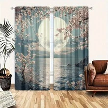 2pcs Set Decorative Art Cherry Blossom & Moonlight Print Sheer Curtain Panels, Polyester Rod Pocket Drapes For Bedroom, Living Room, Office - Fade Resistant, Machine Washable, Year-Round Decor - Multicolor - View 2