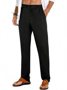 Sailwind Men's Summer Beach Linen Pants Casual Lightweight Elastic Waist Drawstring Loose Pants - Black - View 1