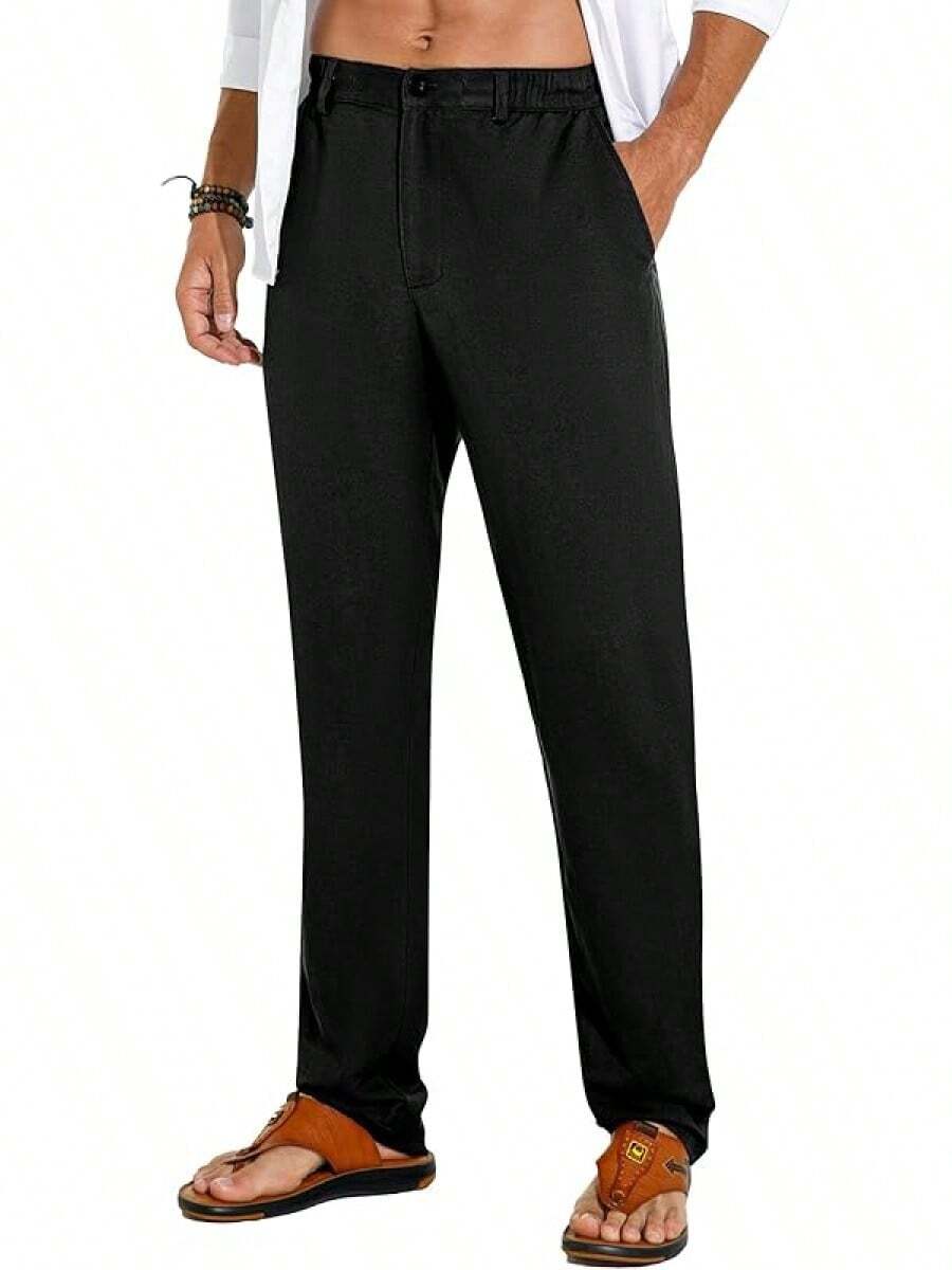 Sailwind Men's Summer Beach Linen Pants Casual Lightweight Elastic Waist Drawstring Loose Pants - Black - View 1