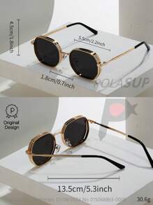 015068863-0009-SX2358 1 buc Ochelari de soare geometrici metalici de vară pentru bărbați, ochelari stil stradal la modă, negri/aurii/argintii/maro, ramă mai groasă cu orificii de ventilație, vine cu husă din piele PU sau hârtie (aleatoriu) Look preppy la modă pentru întoarcerea la școală