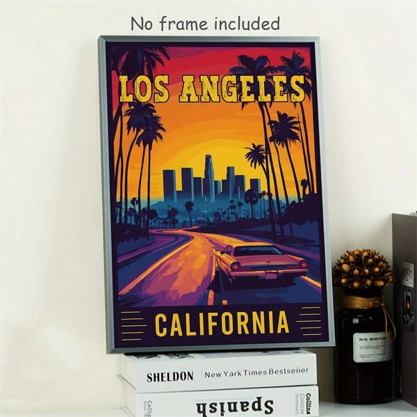 1 stuk canvas schilderij van een stadslandschap met zonsondergang in Los Angeles, Californië - heldere palmbomen en klassieke auto's in HD-print, verticale wanddecoratie geschikt voor slaapkamer, restaurant, zomerfeest - frameloos modern cadeau voor thuis, interieurdecoratie, kunst van stedelijk landschap