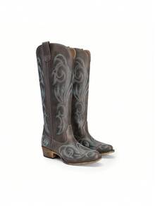 Women's Knee-High Boots, Comfortable Chunky Block Heel Pointed Toe Pull On Side Zipper Suede Slouch Riding Boots - Mocha Brown - View 9