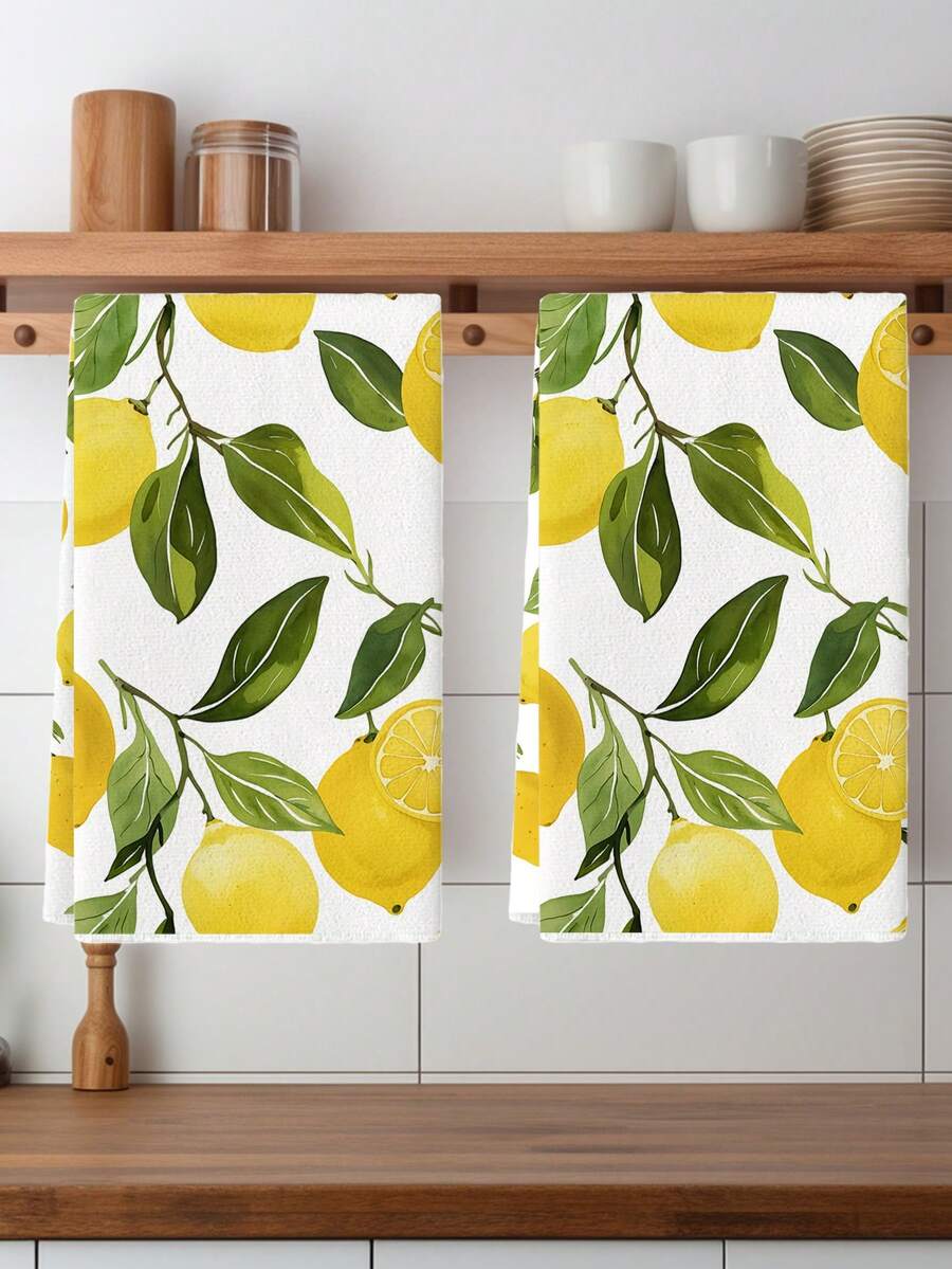 2 paños de cocina de microfibra súper absorbentes con estampado de limón, suaves y de secado rápido, adecuados para hornear, cocinar y limpiar, aplicables para el hogar, la cocina y el comedor, artículos de cocina - Verde Oliva - Ver 1