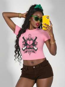 Gun And Rose Placement Print,Women's Crop Length Slim Fit Round Neck Short Sleeve T-Shirts&Top,Rose&Slogan Letter,Daily&Beach&Night Out&Holiday&Office&Home&Street,For Spring&Summer&Fall,Vacation, Vacation,Summer Tops,Summer For Women,Summer,White Top - Baby Pink - View 4