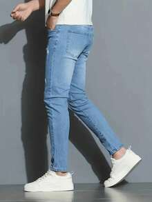 Men's Light Blue Stretch Washed Jeans - Blue - View 5