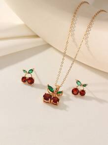 1 pieza Juego de joyas de aleación de cobre con circonita, simple y bonito con diseño de cereza, adecuado para uso diario y como regalo festivo
