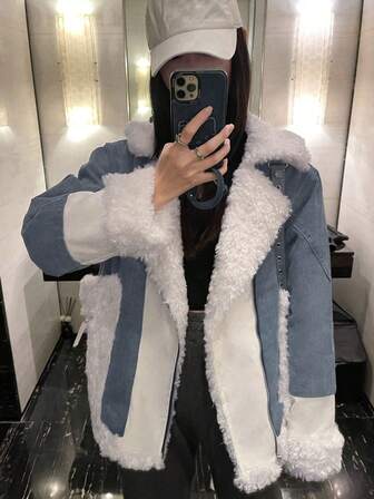 女款羊羔绒牛仔外套，厚款oversized设计，适合娇小身材，港式，冬季