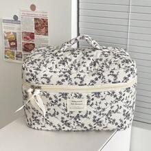 French Style Black & White Ditsy Floral Soft Fabric Zipper Makeup Bag, Minimalist Retro Toiletry Organizer Pouch For Home, Travel, Outdoor Use, Womentravel Essentials Vacation Summer Holiday Back To School School Stuff Bag For School Travel Bag For Women Makeup Bag For Travel - 黑與白 - 查看 3