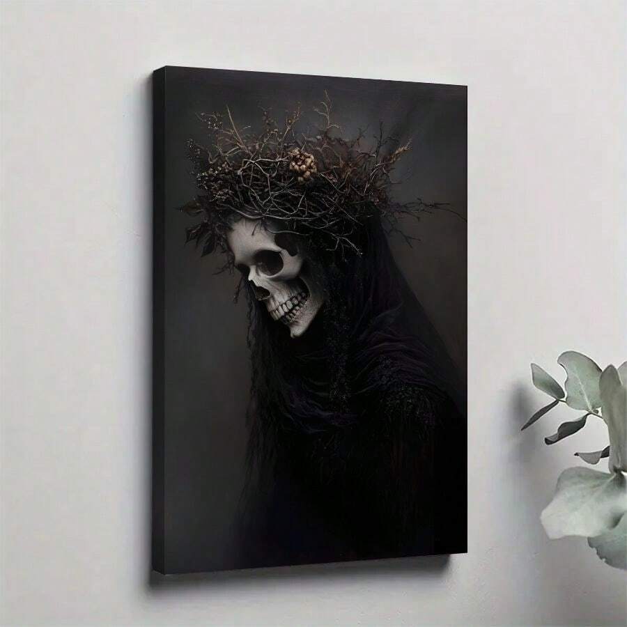 1pc Framed Canvas Poster, Skull Headpiece, Withered Branch Crown, Gothic Art Style Wall Art Canvas Paintings, Ideal Gift For Bedroom Living Room Corridor, Wall Art, Wall Decor, Winter Decor, Room Decoration, 2D Flat Print, Not 3D - Multicolor - View 1