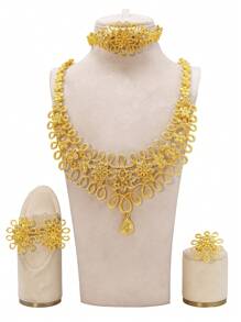 4 Peças Conjunto de Joias de Luxo em Estilo Boêmio Vintage com Gota d'Água, Brincos, Anéis, Colares e Pulseiras, Joias Tradicionais de Noiva de Dubai para Noivado, Decoração de Casamento, Presente Perfeito para o Dia dos Namorados