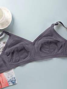 1 件女士全覆盖纯色蕾丝无钢圈胸垫文胸，性感支撑透气薄款文胸 - 藏蓝色 - 查看 8