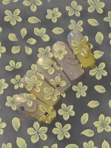 新款中国风黄山茶花美甲装饰贴纸，姜黄色半透明白色花朵，立体浮雕仙女风美甲用品美甲贴纸 - 芥末黃 - 查看 6