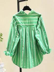 Unique Design Green Striped Blouse For Women, Spring New Loose-Fit Slimming Casual Top, Polyester Pleated/Ruffle Striped Shirt, Travel Spring Summer Autumn Winter