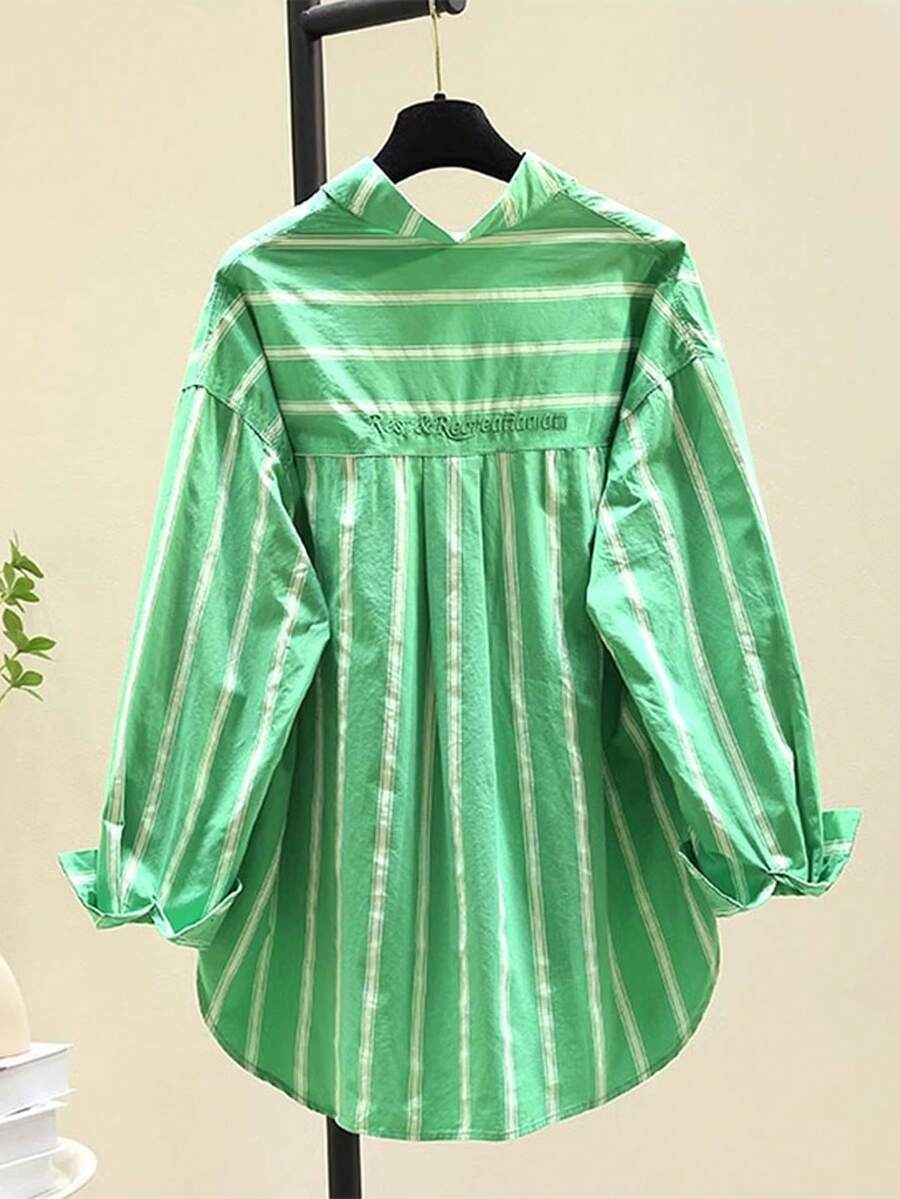 Unique Design Green Striped Blouse For Women, Spring New Loose-Fit Slimming Casual Top, Polyester Pleated/Ruffle Striped Shirt, Travel Spring Summer Autumn Winter