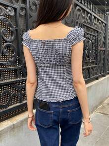 Women's Y2K Fairycore Shirt Top Vintage Cap Sleeve Button Down Ruffle T Shirts Tops Solid Color Slim Fit Frill Tees Summer Blouses Casual Going Out Tops Aesthetic Clothes Streetwear - 水鴨藍 - 查看 3