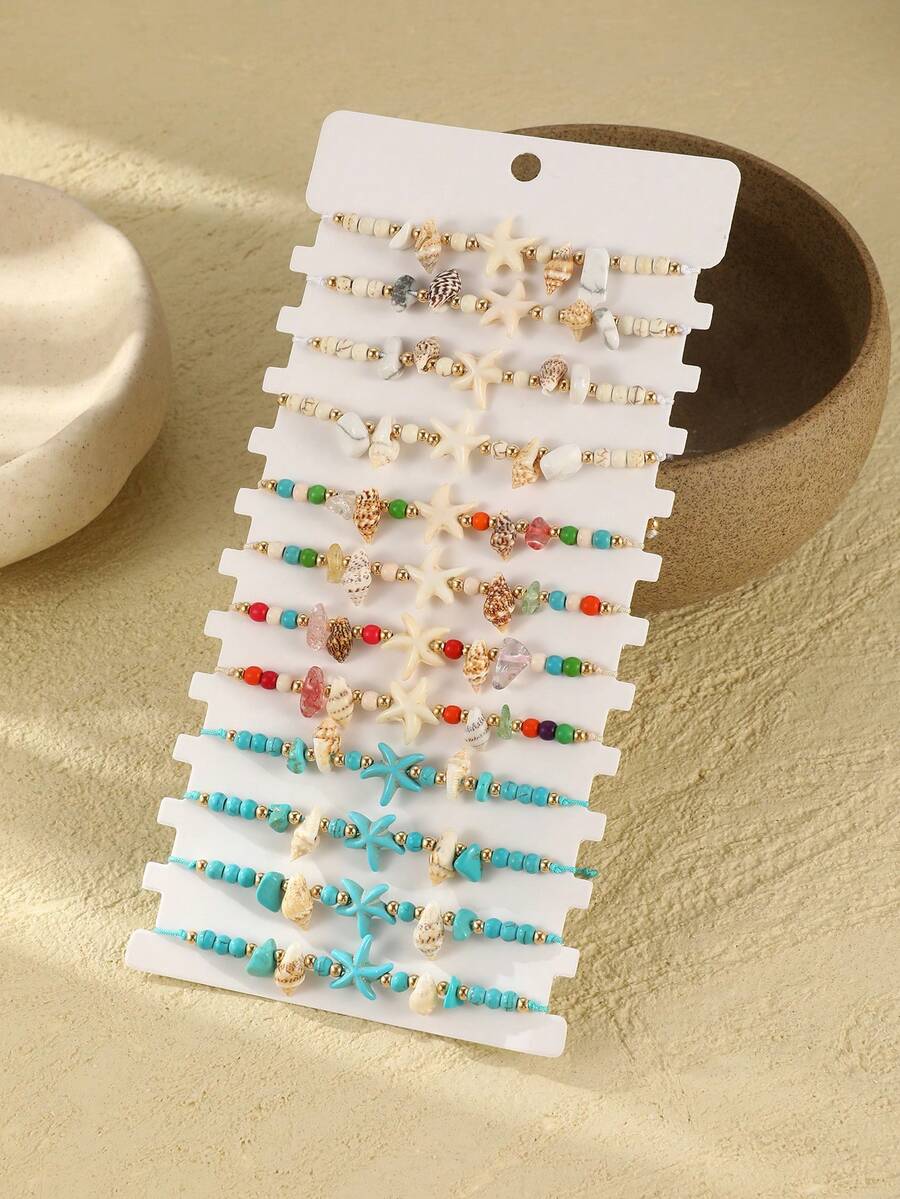 12pcs Ocean Beach Element Starfish Turquoise Beaded Shell Bracelet - Multicolor - View 1