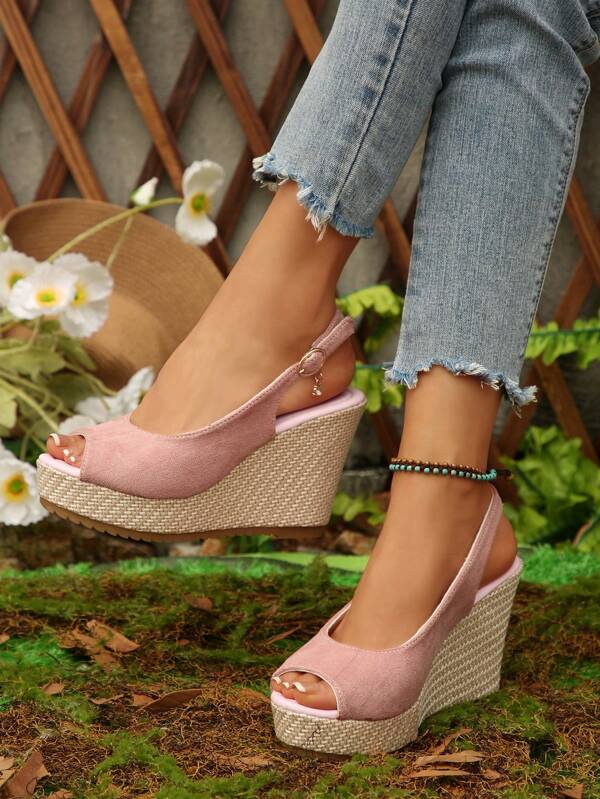 Solid Color Bohemian Buckle Peep Toe Platform Wedge Sandals, Women Espadrille High Heel Sandals