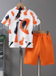 Tween Boy Printed Polo Collar Short Sleeve Knee Length Shorts Set