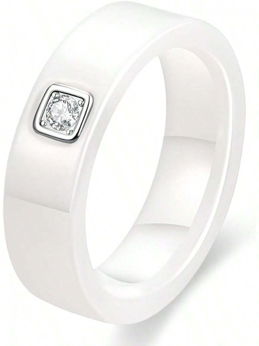 6mm White/Black Ceramic Rings Plus Cubic Zirconia For Women Comfort Fit Engagement Wedding Band Size 5-122025 - White - View 1
