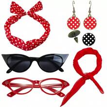 D EXCEED 6PCS Vintage 1950s Women's Accessory Collection | Retro-Inspired Prop Cat-Eye Glasses, Scarf Collar Headbands & Silk Hair Scarves With Polka Dot Stud Earrings - Perfect For Vintage-Themed Parties & Events
