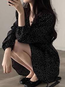 Vestido de verano sencillo y elegante para mujer con diseño de lunares, adecuado como regalo para madre o hermana. - Negro - Ver 2