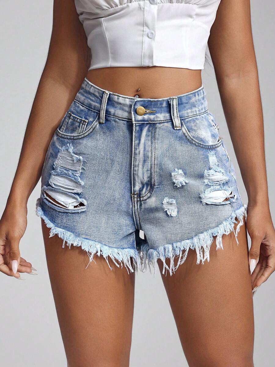Jeanoix 女士休闲破洞磨边口袋牛仔短裤，百搭 - 淺色水洗藍 - 查看 1