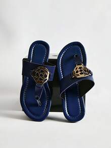 Sandalias deslizantes cómodas y acolchadas con decoración metálica para mujer, regalo de Navidad de invierno - Azul Marino - Ver 3