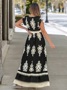 EMERY ROSE Rochie de vacanță casual cu imprimeu, mânecă scurtă, legături în talie, cu tiv în linie A și volane încrețite - Multicolor - Vizualizare 3