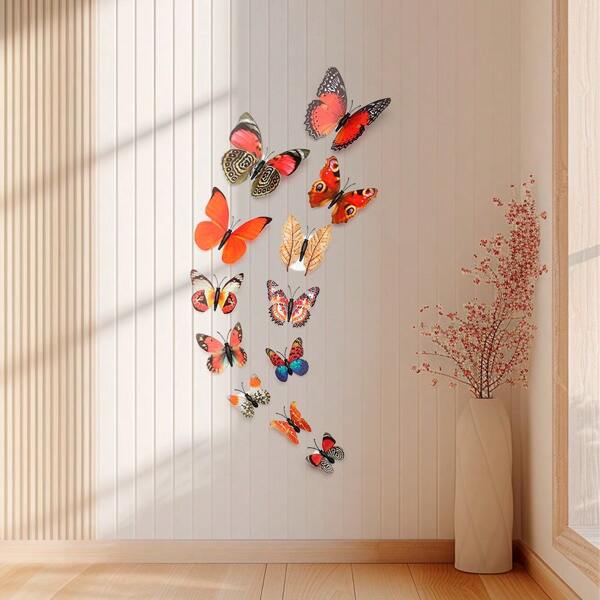 1 Set 12pcs 3D Colorful Butterfly Decorative Sticker, Wall Decor Art For Holiday Party, Bedroom, Living Room