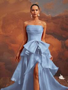VIPGIRL Elegant Blue Strapless Bow-Tiered High Slit Gown, Floor-Length Formal Evening Dress, Women's Prom Dress, Chic Cocktail Party Dress, Glamorous Banquet Gown, Women Formal & Evening Dresses,Princess Style Bridesmaid Dress,Wedding Guest Dress - 藍色 - 查看 8