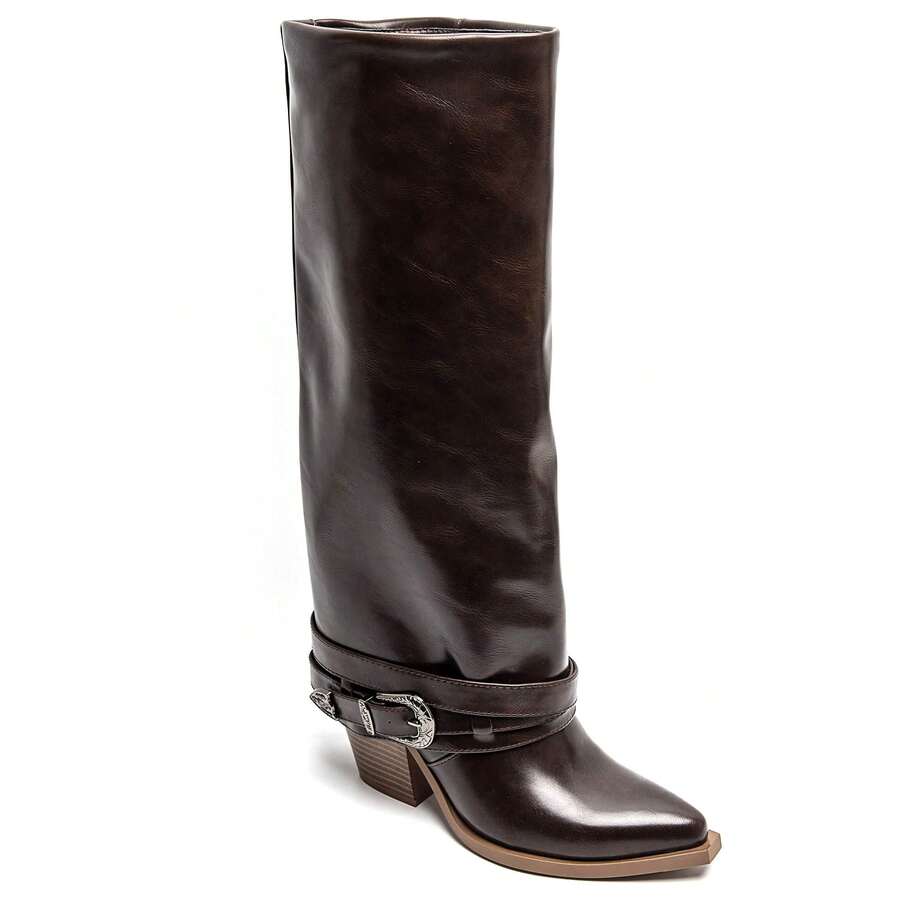 Women's Plain Pointed Toe Zipper Fashion Mid-Calf Boots With Buckle - Brown - View 1
