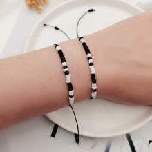 2pcs/Set Regular Black & White Beads I Love You Morse Code Braided Bracelet Set Couple Matching Adjustable Bracelets For Women Men Boyfriend, Girlfriend,BBF,Birthday And Valentine's Day Graduation Decoration Friendship Gifts