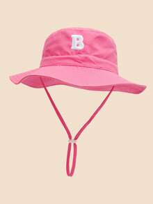 1 件儿童心形和字母印花太阳帽，休闲风格，配有可调节防风绳，婴儿渔夫帽，适合户外海滩防晒 - 深粉-貼片字母 - 查看 24