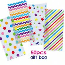 50 Colored Striped OPP Gift Bags, Plastic And Glass Paper Gift Bags, Dot Striped Gift Bags, Birthday, Family Vacation, Party Decoration Supplies, Gift Packaging Supplies, Halloween Candy Bag, Popcorn Bag, Bundle Packaging Bag - View 3