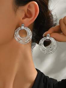 1pair Fashionable Stainless Steel 3-Hoop Circle Stud Earrings, Chic Personalized Vintage Style Party Earrings Accessory For Women - Yellow Gold - View 3