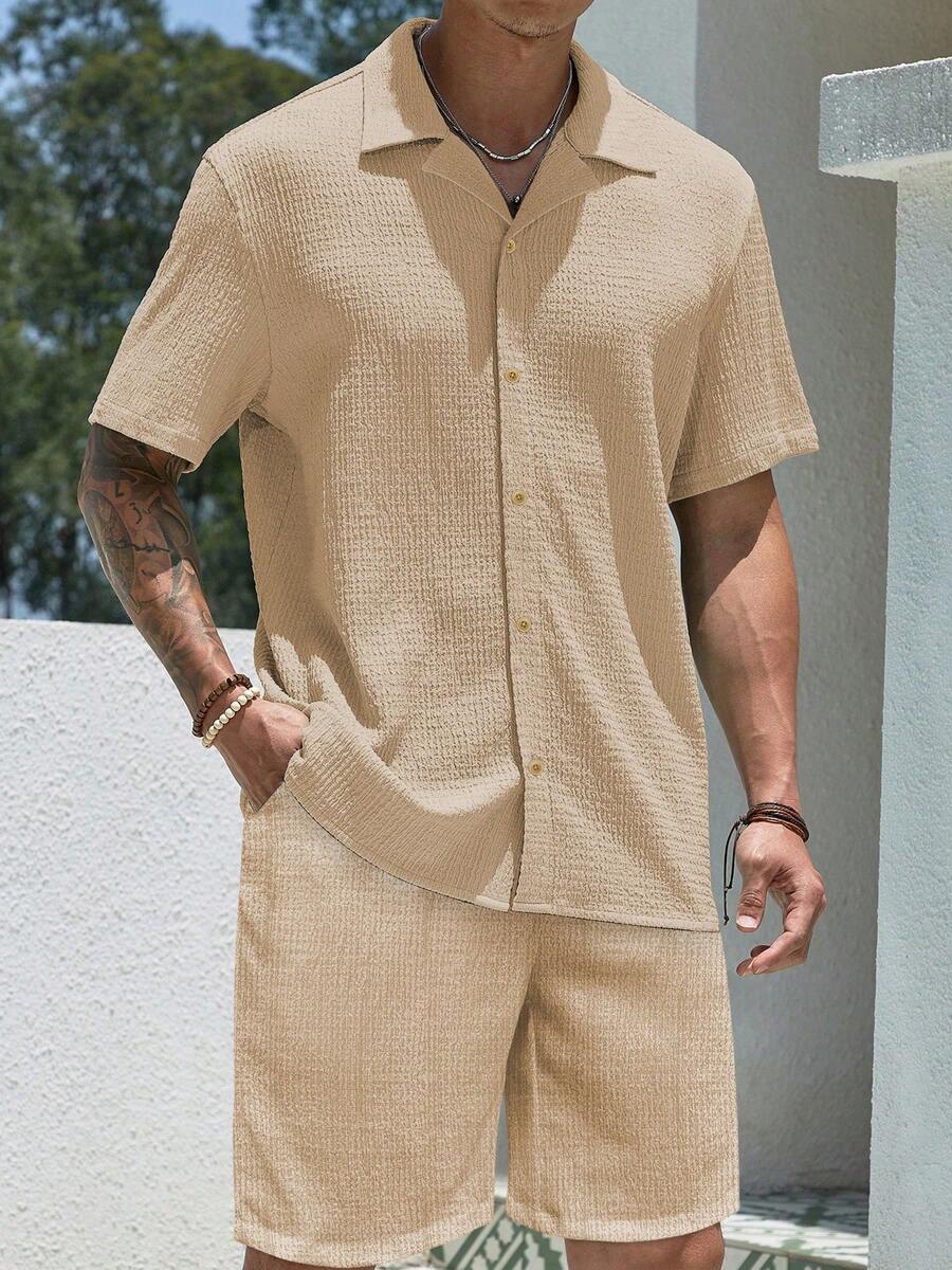 男士两件套欧式时尚提花休闲上衣和裤子套装，街头情侣装，适合作为送给丈夫或男朋友的礼物，度假/海滩，舒适服装 - 卡其色 - 查看 1