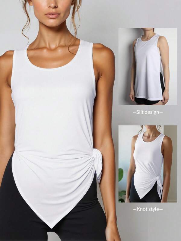 Top da donna per tennis all'aperto, split laterale, doppio strato incrociato, abbigliamento yoga, estivo