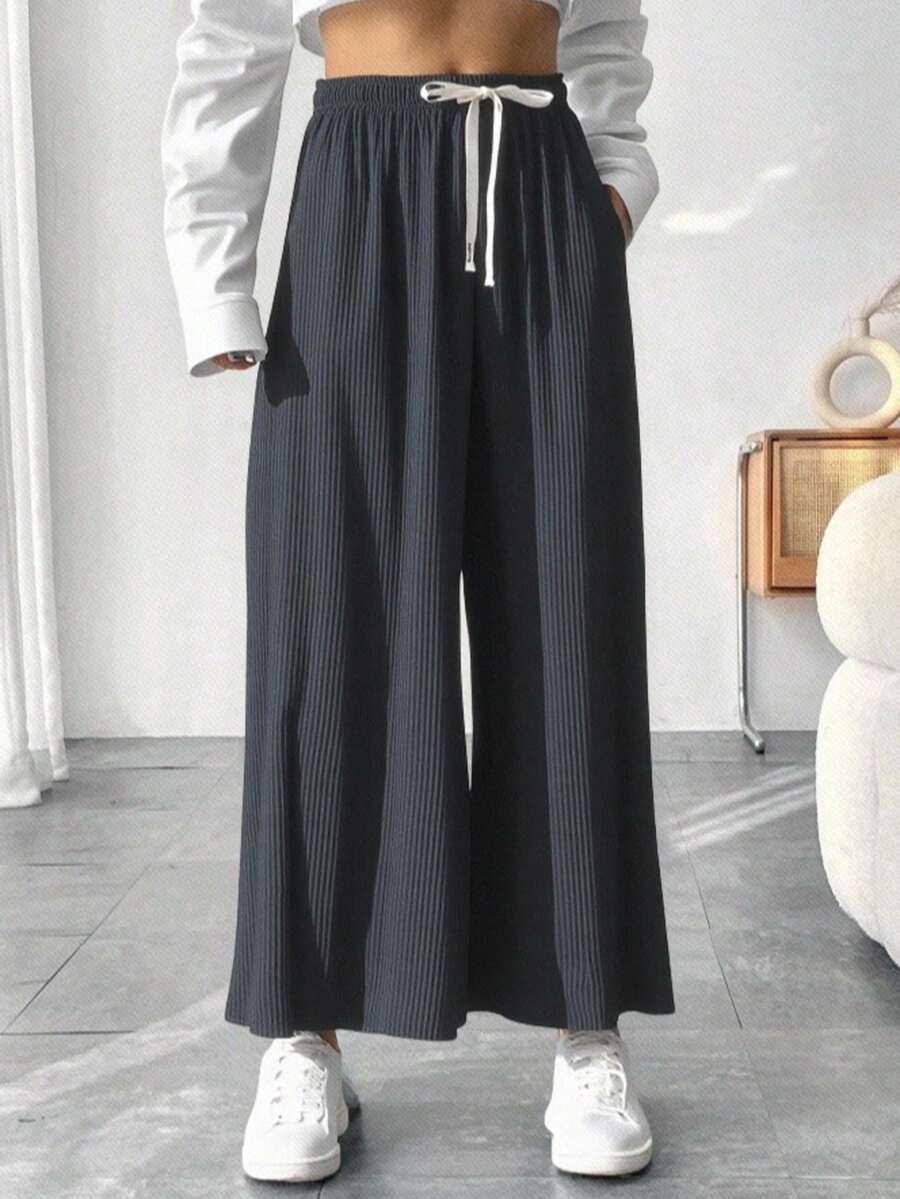 Pantalon plisado recto amplio ligero ajustable cordón fresco comodo - Gris - Ver 1